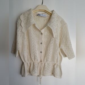 Zara Ivory Textured Button-Up Blouse